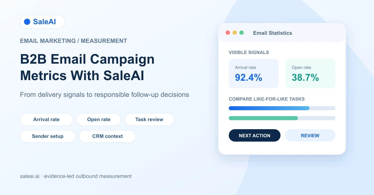 SaleAI 中的 B2B 电子邮件营销活动指标工作流程,比较送达率、打开率、发件人设置和后续操作